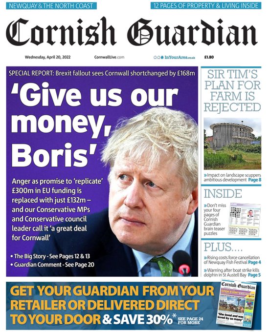 Cornish Guardian newspaper headline, 'Give us our money Boris'